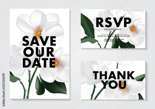 Magnolia spring bloom wedding card. Save the date flowers and leaves decoration. Wild flowers buds and bloom, realistic vector poster. rsvp card, thank you card, bridal shower, holiday greeting
