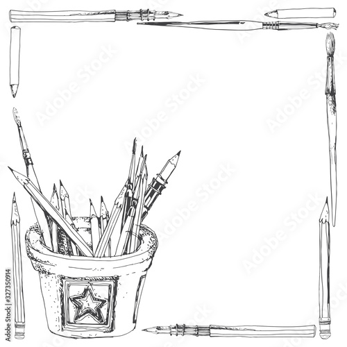 Art frame with pencils, brushes, a glass for creative stationery and a place for text. Vector illustration on white.