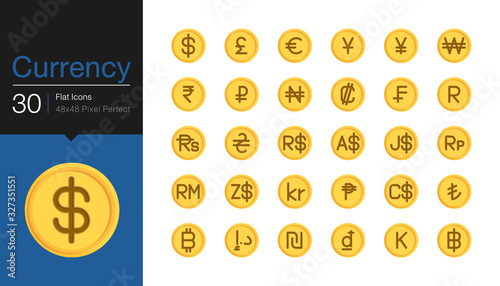 Currency icons. Flat icon design. For presentation, graphic design, mobile application, web design, infographics, UI.