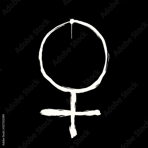 Gender symbol and sex sign - pictogram and glyph of woman, girl and female. Gritty, rough and rugged white illustration on black background.