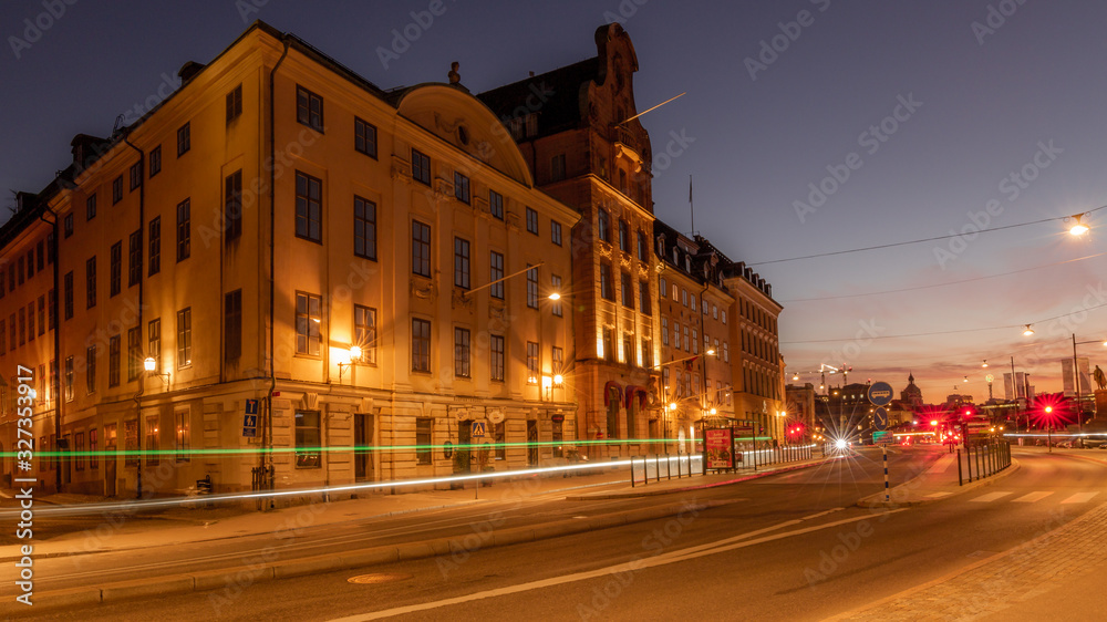 Traffic in the streets in Stockholm by night in long exposure