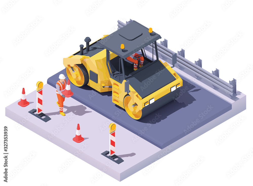 Vector isometric road roller at road construction site. Asphalt paving process, repair and maintenance. Vibration roller and workers building new road, traffic cones and signs