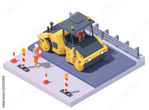Obraz na płótnie Vector isometric road roller at road construction site. Asphalt paving process, repair and maintenance. Vibration roller and workers building new road, traffic cones and signs w salonie