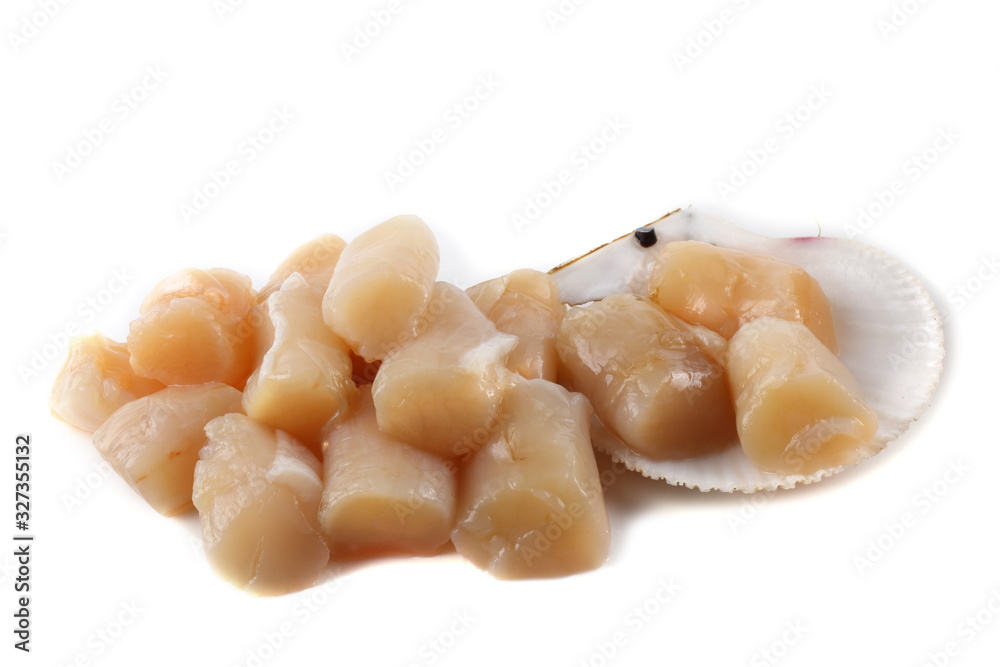 Scallop fillet on shell isolated on white Scallop fillet on shell isolated on white