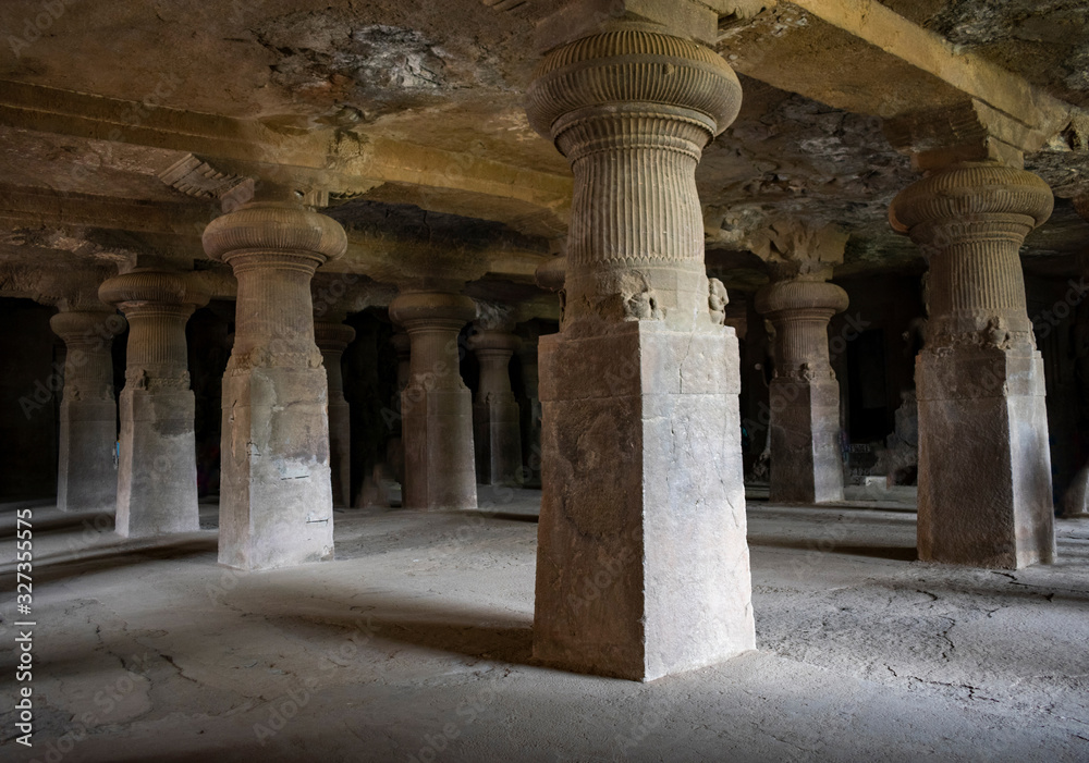 India, Mumbai - December 22 2019 - The mighty stone structures at the Elephanta caves