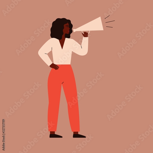 A young woman speaks into a megaphone. A strong girl agitator is calling for something. A female character shouts into a loudspeaker to protest. vector illustration.