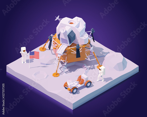 Vector isometric astronauts on Moon mission. Two astronauts walking on Moon surface, Apollo lunar landing module, lunar roving vehicle or rover, flag of the USA