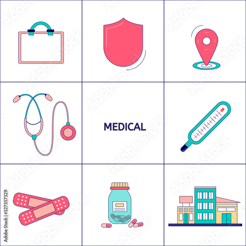 Images of a stethoscope, medical thermometer, adhesive plasters, medical insurance card, first aid kit or doctor's bag in the same style. Set of modern linear colored medical items, icons for design.