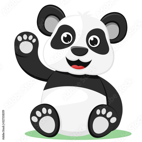 Panda bear sits and waves a friendly paw on a white. Character
