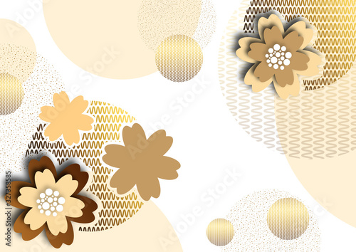 Bright golden, yellow, brown shapes and flowers on a white background. Design for postcards, covers, banners, advertisements. Eastern elements.