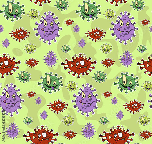 seamless pattern with germs coronavirus, cartoon bacteria with eyes and mouths. vector stock illustration