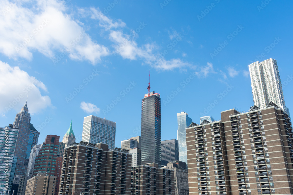 Lower Manhattan New York City Skyline Scene with Old and Modern Skyscrapers