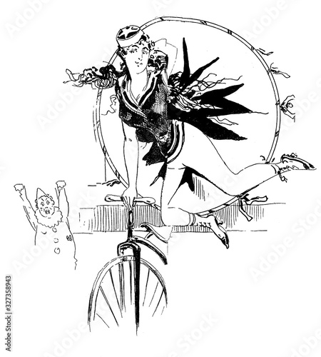 Fotografi French humor and caricature: equilibrist girl  performing with a high wheel cycl