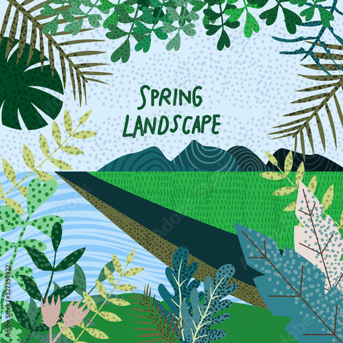 Spring Nature. Cute vector illustration of landscape natural background, village, River, forest and trees.