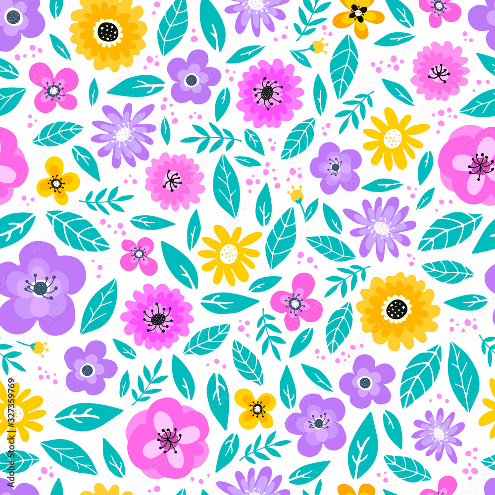 cute seamless pattern with leaves and flowers for spring and summer decor. Textile print, wallpaper, banner, background, wrapping paper, etc.