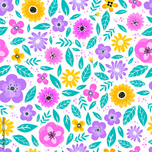 cute seamless pattern with leaves and flowers for spring and summer decor. Textile print  wallpaper  banner  background  wrapping paper  etc.