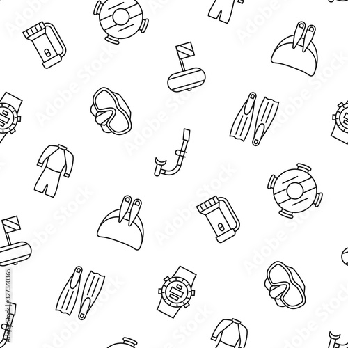 Freediving seamless pattern. Flippers, mask, wetsuit and other diving equipment. Vector illustration on white background