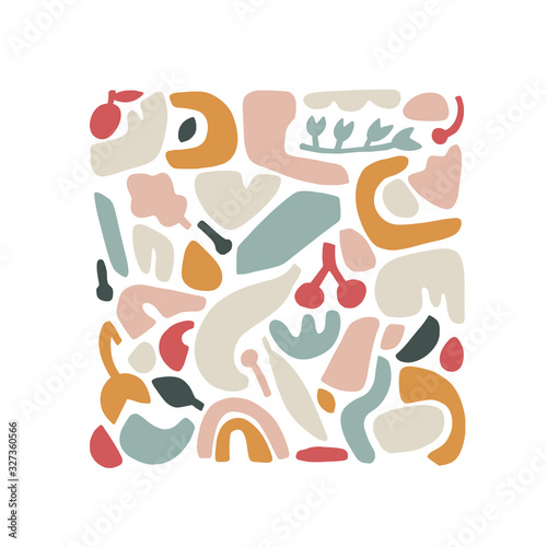 Digitally cut paper collage in pastel palette. Modern trend set in Scandinavian flat style. Vector collection of abstract shapes with plant elements