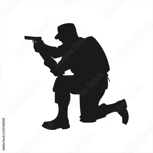 A crouching military army soldier or police swat man or person aiming a gun or handgun or pistol weapon silhouette shadow. War troops icon or symbol - Simple vector illustration