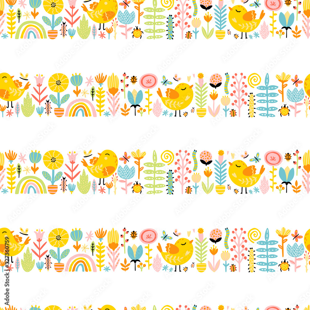 Spring seamless border patern with cute cartoon birds with chickens, flowers, rainbow, insects in a colorful palette. Vector childish illustration in hand-drawn Scandinavian style
