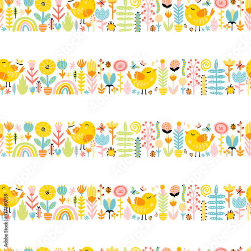 Spring seamless border patern with cute cartoon birds with chickens  flowers  rainbow  insects in a colorful palette. Vector childish illustration in hand-drawn Scandinavian style