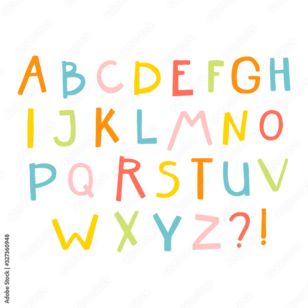 Comic scandinavian alphabet. Childish vector thin latin letters in hand-drawn style. Colorful palette