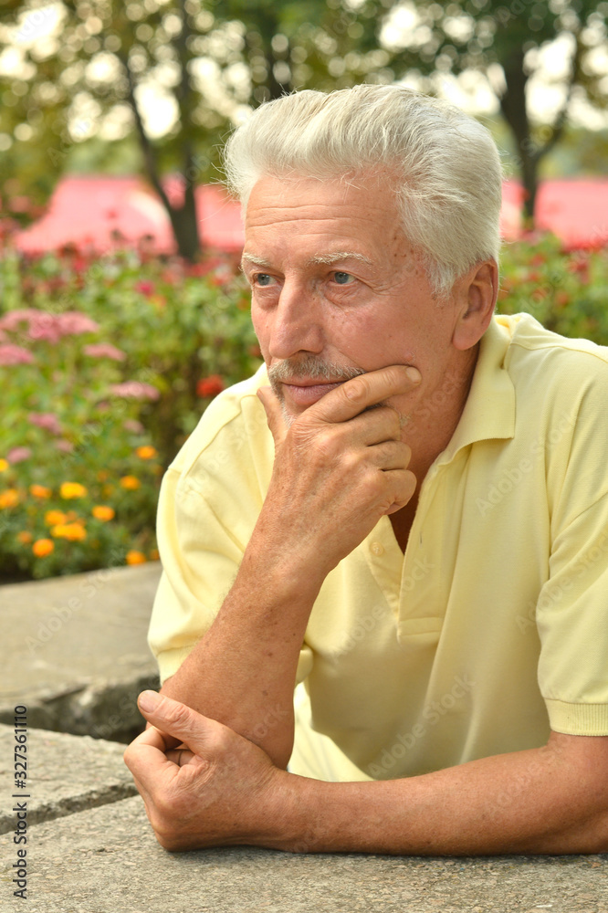 Portrait of happy senior man thinking in park Portrait of happy senior man thinking in park