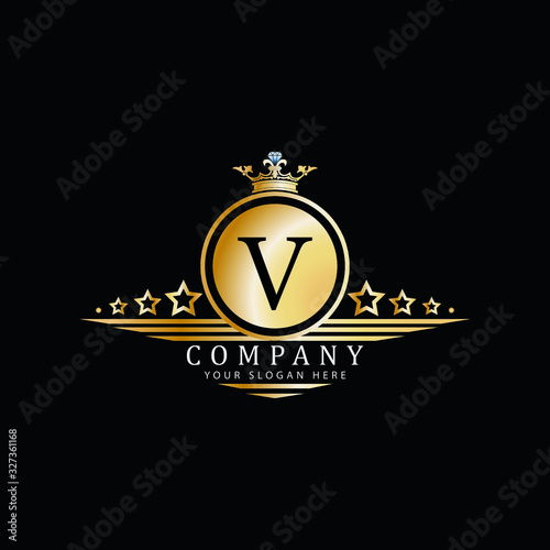 V Luxury badge logo golden with crown and diamond