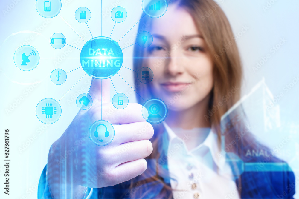 Business, Technology, Internet and network concept. Young businessman working on a virtual screen of the future and sees the inscription: Data mining Business, Technology, Internet and network concept. Young businessman working on a virtual screen of the future and sees the inscription: Data mining