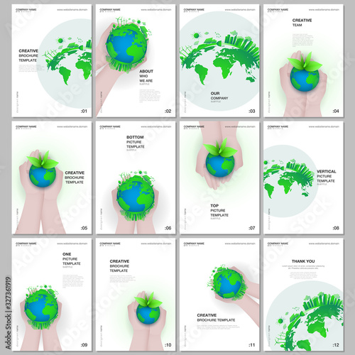 A4 brochure layout of covers design templates for flyer leaflet, A4 format brochure design, report, magazine cover, book design. Green world globe in the hands of man. Earth planet health care concept