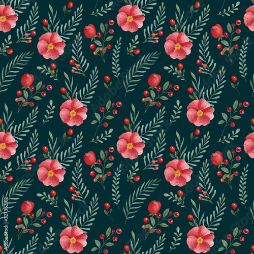Watercolor floral seamless pattern on the dark background. Hand-drawn illustration with red flowers, leaves and berries. Background for wallpaper, textile, greeting cards, invitations, prints.