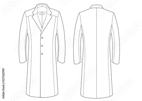  MEN'S COAT with Lapel Collar & Front Yoke. Flat Technical Drawing front and back. Mockup template, for fashion designer. DIN A2. Vector