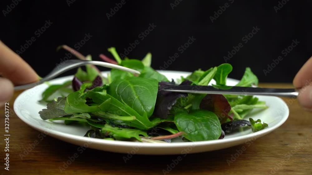 Slow motion shot of fresh salad with rucola, purple lettuce, spinach, frisee and chard leaf on a white plate with fork and knife. Diet and healthy eating concept Slow motion shot of fresh salad with rucola, purple lettuce, spinach, frisee and chard leaf on a white plate with fork and knife. Diet and healthy eating concept
