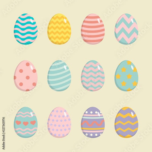 Colourful happy Easter eggs with deifernt texture isolated on white background.