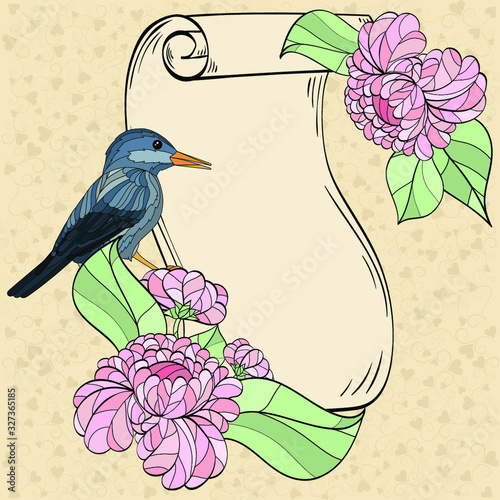 Paper roll with bird and flowers