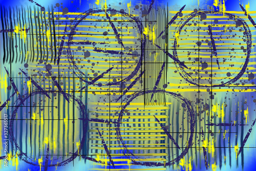 Graffiti - Abstrakter Hintergrund - Kreise Linien Farbspritzer, blau, lila, gelb 