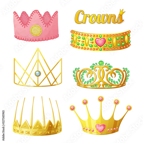Golden crowns with colorful gems isolated on white background. Golden female tiaras vector icons collection for princesses