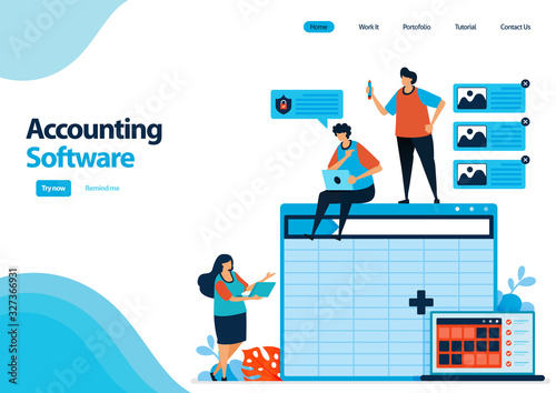 landing page template of accounting software with a worksheet to making of balance sheet. spreadsheet software on computers and laptops. illustration for ui ux, website, web, mobile apps, flyer, ads