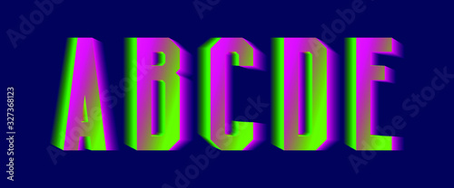 A, B, C, D, E green pink blurred letters. Thrilling vibrant font.