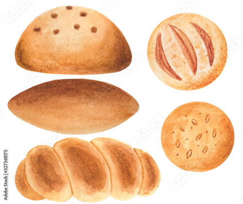 Watercolor bread, baguette, bun. Illustration for cartoon, paper, textile, decoration, gifts. Cafe elements.
