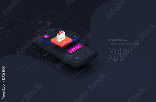 E commerce for mobile applications. Web page created from separate blocks. User experience, user interface. Layouts of the mobile application by layers. Modern vector illustration isometric style.