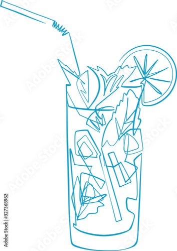 glass with Mojito drink, tube and ice, continuous line