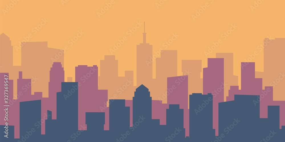 Cartoon cityscape. Empty flat lively city silhouette. Daytime urban skyline. Vector panoramic building outlines urban landscape