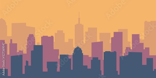 Cartoon cityscape. Empty flat lively city silhouette. Daytime urban skyline. Vector panoramic building outlines urban landscape