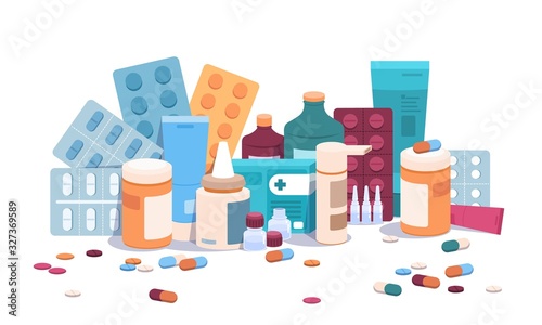 Flat bottles and pills. Medicine pills capsules and blisters, medical supplements and drugs addiction concept. Vector cartoon illustration pharmaceutical flat medication objects