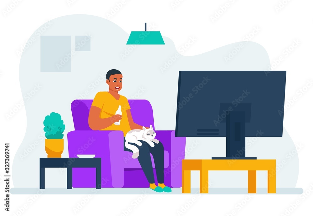 Man watching tv. Cartoon guy sitting on sofa at home and watching movie or  documentary on streaming service. Vector illustration lifestyle man watch  favorite television show and relax Stock Vector | Adobe