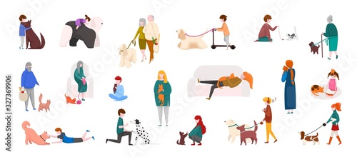 People with pets. Diverse cartoon characters walking, playing and running with cats and dogs. Vector isolated domestic animals and people outdoors set