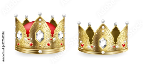 Realistic king and queen crowns. 3D golden royal monarch headdress with gems collection, heraldic and coronation symbol. Vector medieval luxury set for imperial kingdom isolated on white