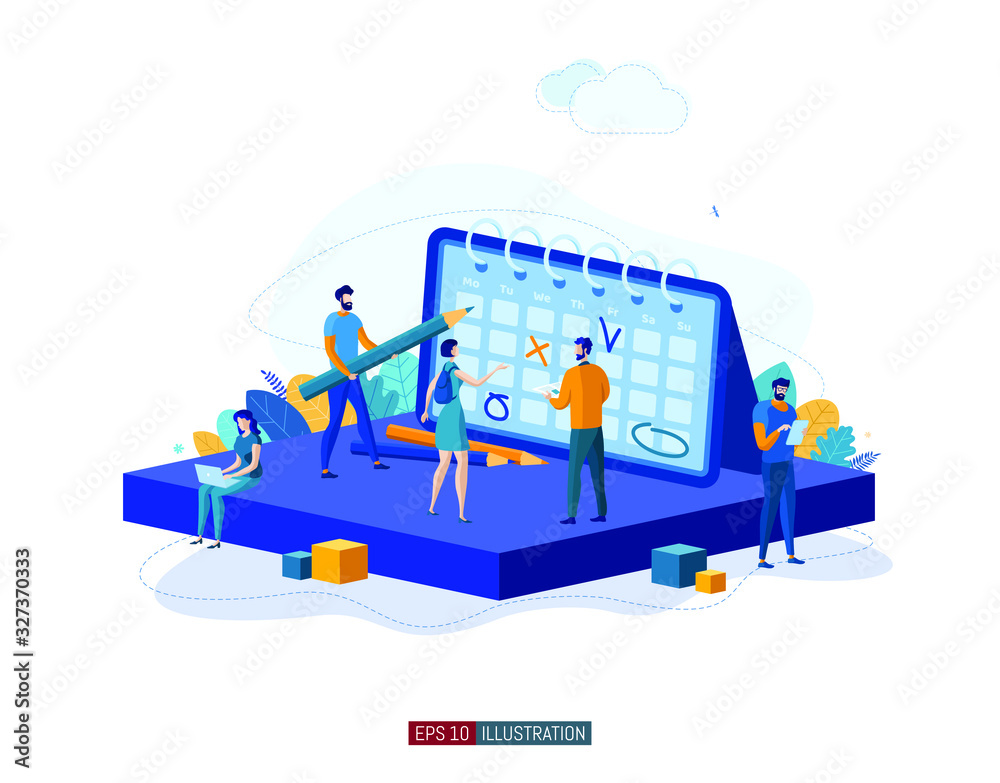 Trendy flat illustration. Teamwork concept. People make a plan. Planning. Business strategy. Organization. Cooperation. Template for your design works. Vector graphics.