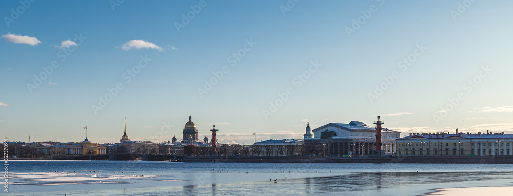 Saint Petersburg. Russia. Panorama of St. Isaac's Cathedral, Rostral Columns and Vasilievsky Island from the side of the Peter and Paul Fortress